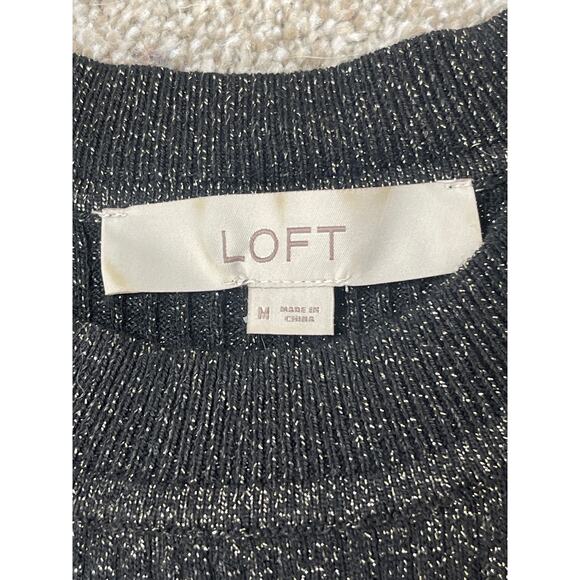 Loft Women's Cable Knit Metallic Chic Preppy Casual Soft Sweater Black Silver M - Picture 7 of 9